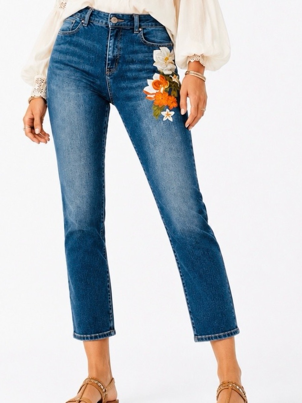 CHICO’S So Slimming Ankle Jeans w Orange & White Floral Painting LHP